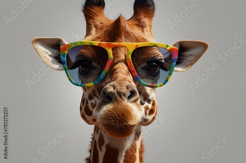 comical, insane giraffe with copy space and large sunglasses Cartoon giraffe with shades of color on a white background Adorable giraffe with sunglasses, gazing at the camera, beauty in the wild