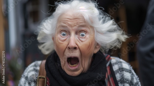 A old woman surprised with a big open mouth and blue eyes. She is wearing a scarf and a purse. a 100-year old white woman looks shocked and aghast © Nataliia_Trushchenko