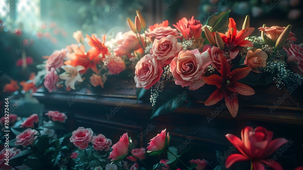 A lovely dark wood coffin adorned with roses, lilies, and carnations creates a lush display. Shot up close, the image captures intricate details, enhanced by soft, diffused light for a warm atmosphere A lovely dark wood coffin adorned with roses, lilies, and carnations creates a lush display. Shot up close, the image captures intricate details, enhanced by soft, diffused light for a warm atmosphere