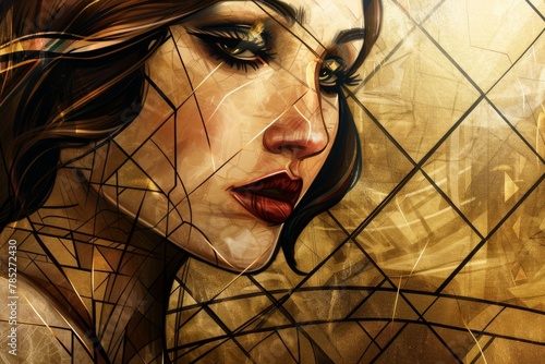 Art Deco inspired digital portrait of a glamorous woman with intricate facial detailing