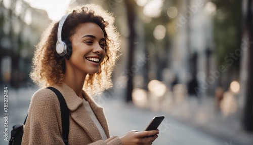 Happy young woman holding mobile phone enjoying music listening through wireless headphones on foot photo