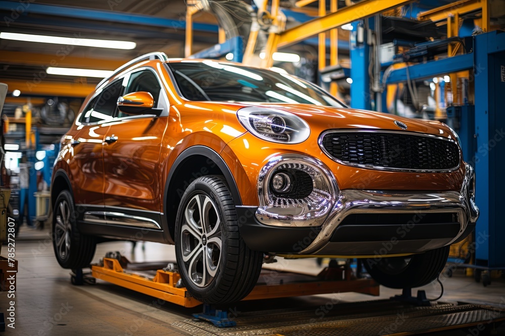 Repaired car on a lift in the garage for inspection and condition check, Generative AI. Repaired car on a lift in the garage for inspection and condition check, Generative AI.