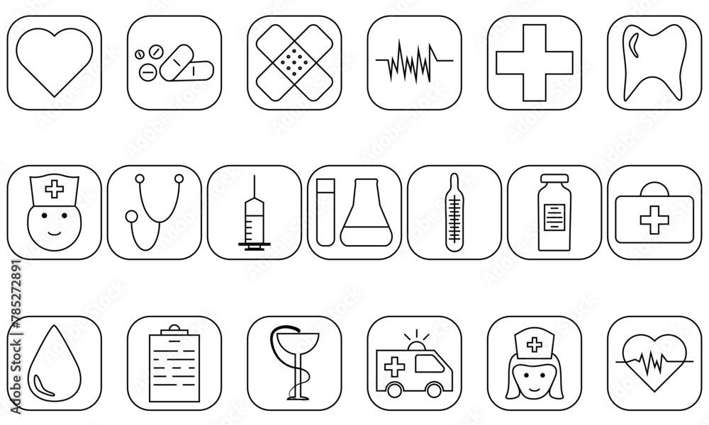 Set of icons with medicines, tools and equipment Set of icons with medicines, tools and equipment