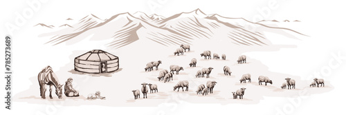 Sketch on the topic of life in Central Asia, nomads life, yurt in the mountains, flock of sheep, vector illustration