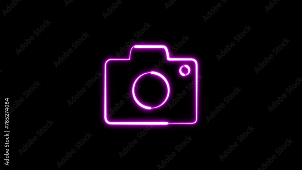 Neon camera icon animation in black background. Neon effect camera sign animation. 4K Video motion graphic animation. Neon camera icon animation in black background. Neon effect camera sign animation. 4K Video motion graphic animation.