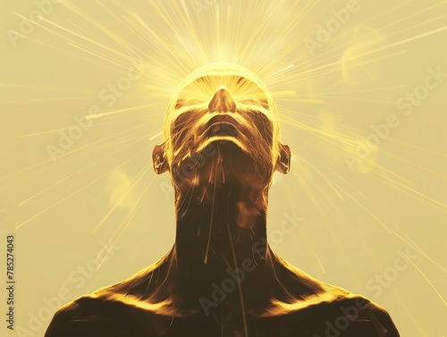 Craft a digital photorealistic image of a glowing golden light radiating from the vagus nerve, symbolizing enhanced vagal tone The background should be a subtle blend of soothing pastel hues photo