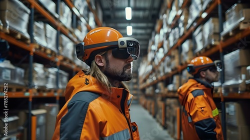 Augmented Efficiency: Modern Workers with AR Tech in Warehouse. Concept Warehouse Operations, Augmented Reality, Efficiency Improvement, Modern Workplace, Technology Integration