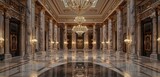 Brilliant chandelier shines in grand ballroom, highlighting lustrous marble surfaces.