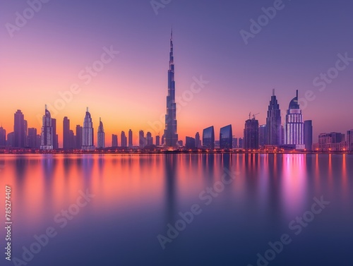 A city skyline with the Burj Khalifa in the background. The sky is a beautiful orange color