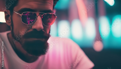Neon light studio close-up portrait of serious man model with mustaches and beard in sunglasses