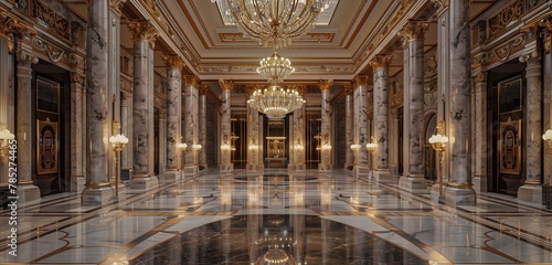 Brilliant chandelier shines in grand ballroom, highlighting lustrous marble surfaces.