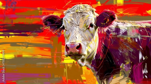   A cow stands before a reddish-orange backdrop  featuring hues of red  yellow  and orange In the foreground  a pure white cow is present