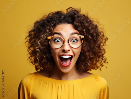 Photo of A woman holding up an empty frame with space for text on violet background, excited expression, wearing sunglasses and yellow dress.  © GalleryGlider