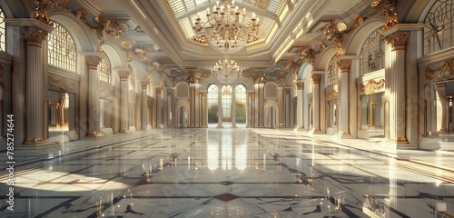 Crystal chandelier casts ethereal glow on immaculate marble ballroom interior. photo