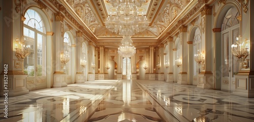 Crystal chandelier exudes elegance in opulent ballroom with marble floors.