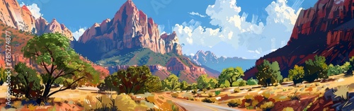 A painting of a mountain range with a road in the middle