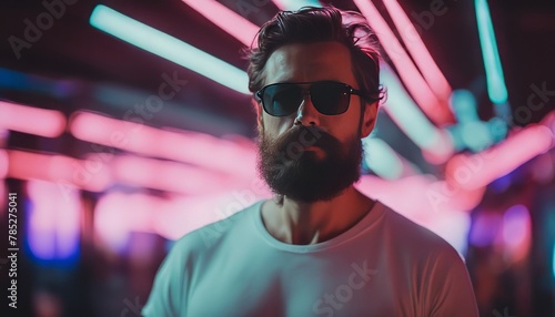 Neon light studio close-up portrait of serious man model with mustaches and beard in sunglasses