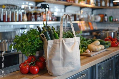 Cotton grocery tote bag with fresh vegetables, fruits, ai generated
