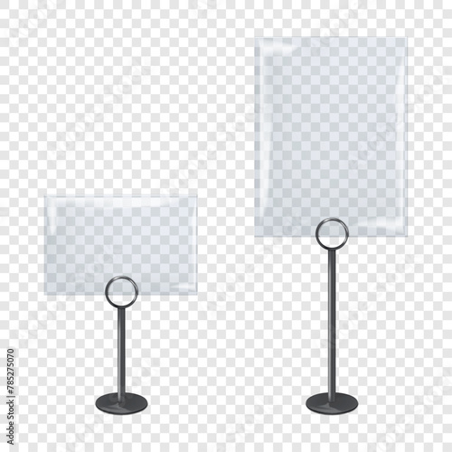 Clear table counter flyer holder vector mockup. Transparent countertop pop banner display stand mock-up. Template for design