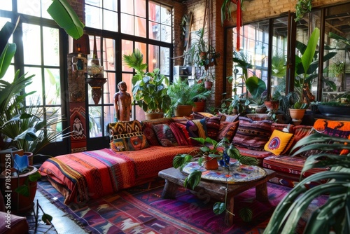 Vibrant bohemian living room with eclectic decorations and lush houseplants