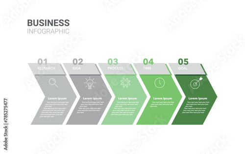 Business Infographic template. Design with numbers 5 options or steps. 5 Steps Modern Timeline diagram with progress arrows, presentation vector infographic. Grey and green photo