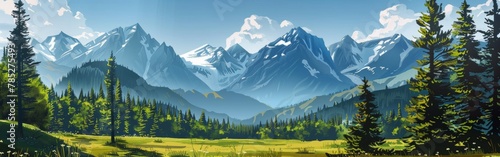A beautiful mountain landscape with snow-capped peaks and a lush green valley