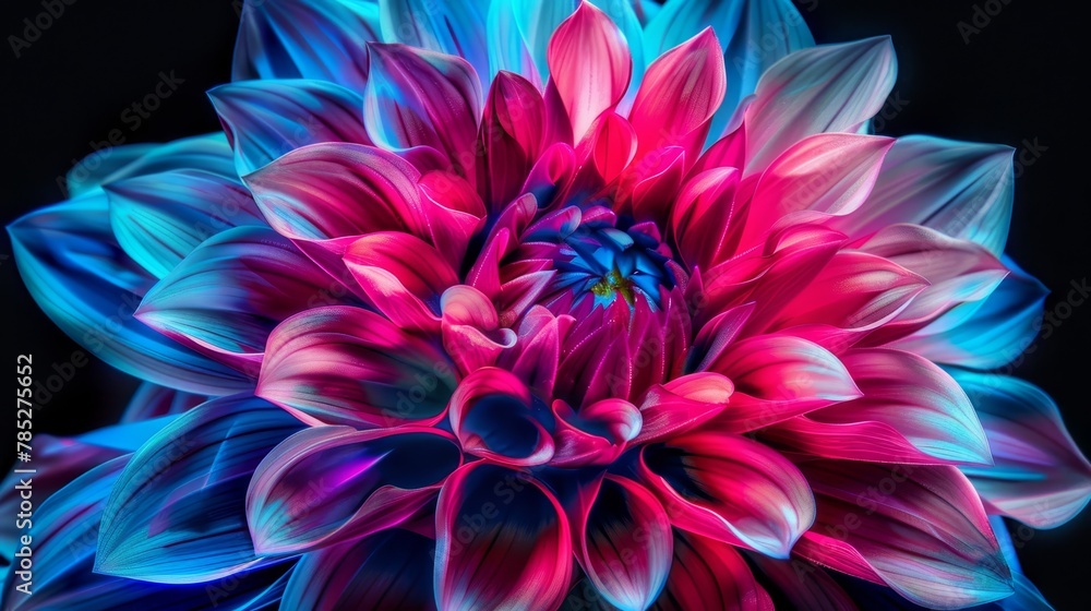 A tight shot of a pink-blue bloom against a black backdrop, its blue core situated at the flower's heart A tight shot of a pink-blue bloom against a black backdrop, its blue core situated at the flower's heart