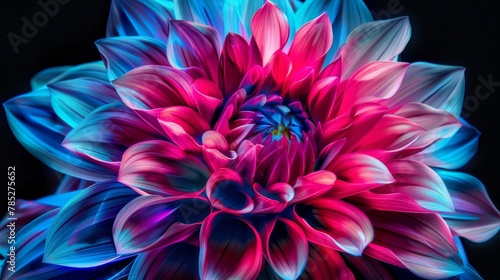  A tight shot of a pink-blue bloom against a black backdrop, its blue core situated at the flower's heart