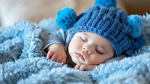 baby schläft selig mit blauer bommelmütze photo