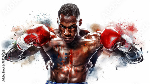 A man in a boxing ring with a red glove on his left hand. male boxer wearing red boxing gloves digital painting clipart, white background