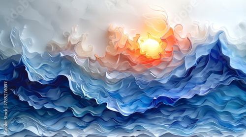 Seascape, waves and sun made of paper. photo