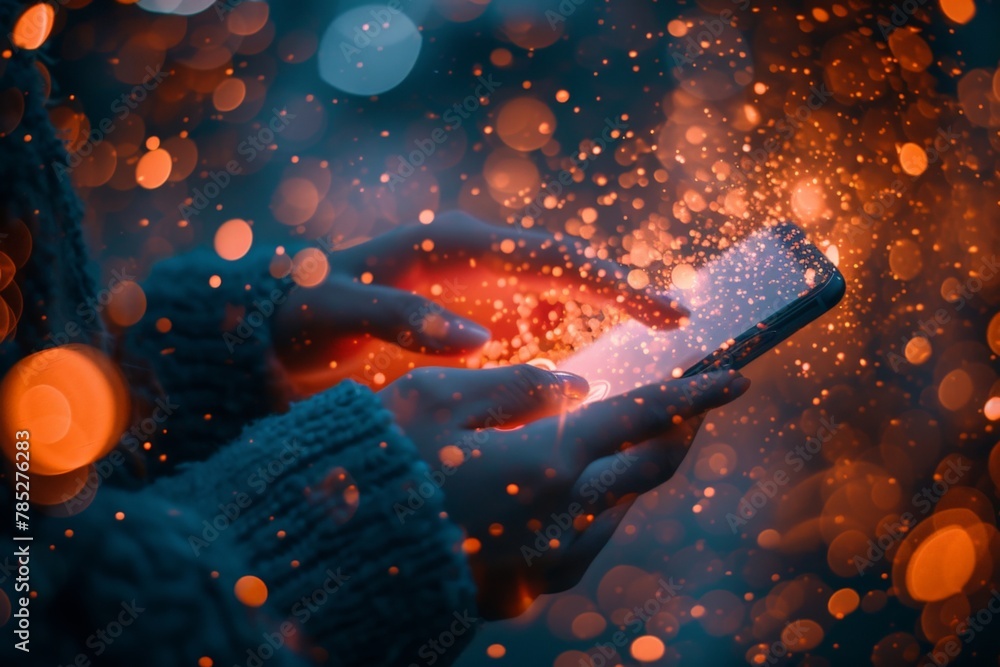 Fototapeta premium The magic of modern technology A person holding a cell phone with sparkling screen effects