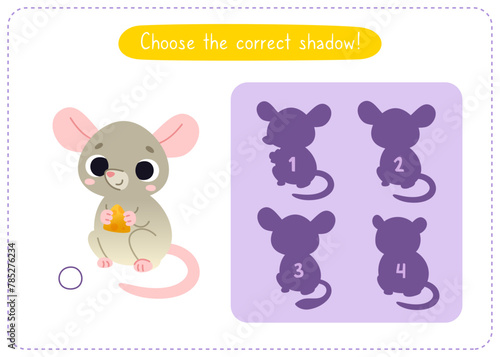 Mini game with cute mouse for kids. Find the correct shadow of cartoon baby mouse. Brainteaser for children. © Sonium_art