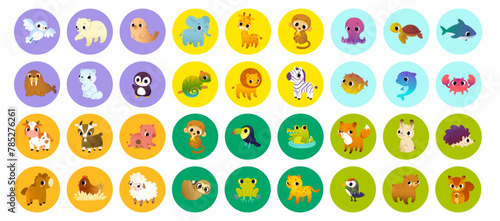 Big animal set. Cartoon stickers set of baby animals in circles. Vector bundle of cute wild animals for kids. © Sonium_art