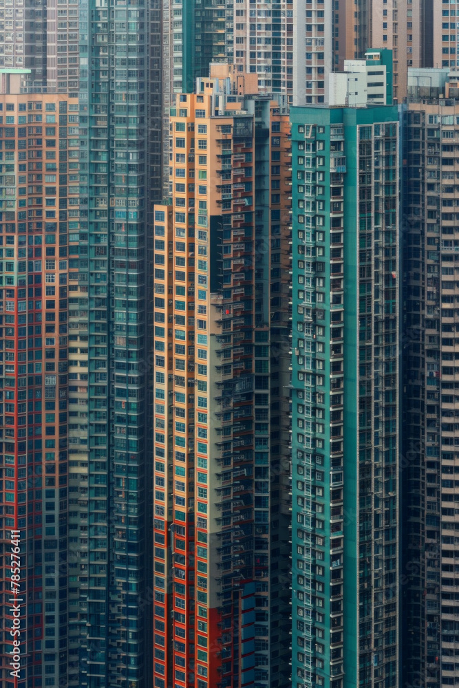 A closeup of skyscrapers in a city using a telephoto lens