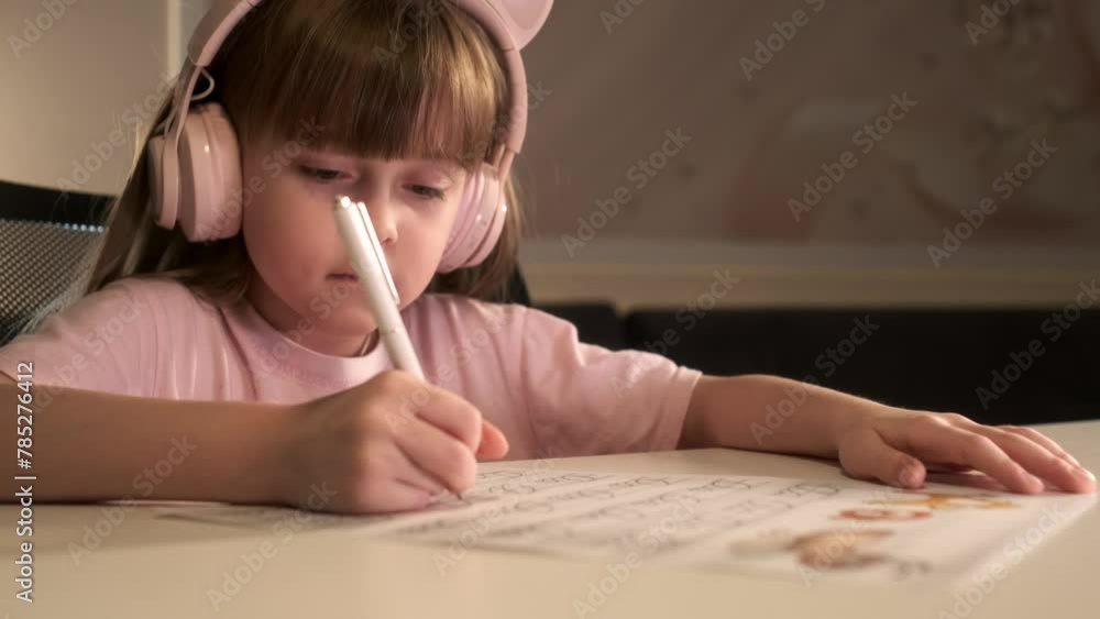 Cute smart preschool 5 years old girl writing homework in exercise copybook, learning letters, sitting at home table. Preparation for school. Home distance education. Children preschool concept. Cute smart preschool 5 years old girl writing homework in exercise copybook, learning letters, sitting at home table. Preparation for school. Home distance education. Children preschool concept.