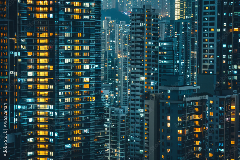 A closeup of skyscrapers in a city during nighttime using a telephoto lens