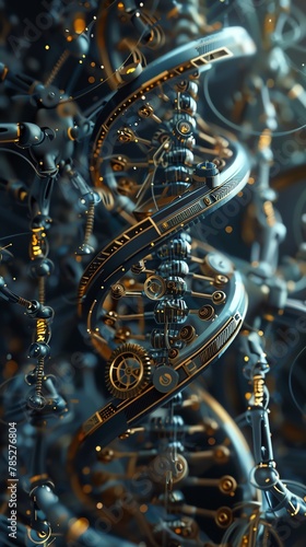 Produce a modern, photorealistic digital rendering showcasing a DNA double helix intertwined with intricate gears and circuit patterns symbolizing genetic predisposition