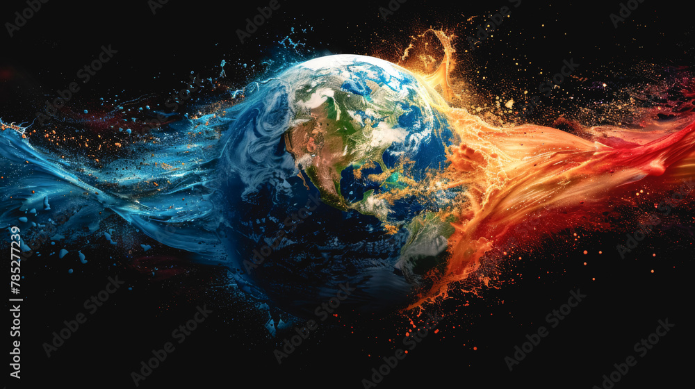 A stunning painting of the world with water and fire elements emerging from it. - obrazy, fototapety, plakaty 