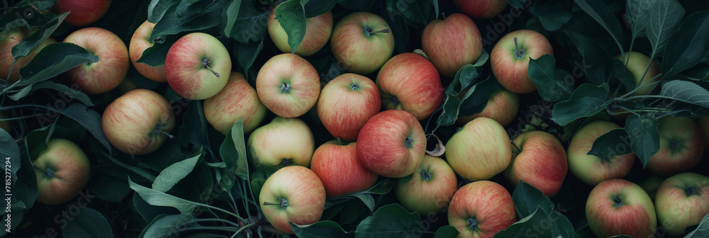 Red apples with green leaves. Top view. Flat lay. Banner Red apples with green leaves. Top view. Flat lay. Banner