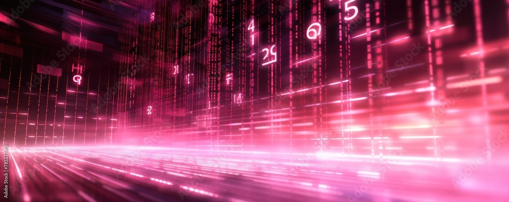 Pink abstract binary code background with glowing light rays and digital numbers for technology concept