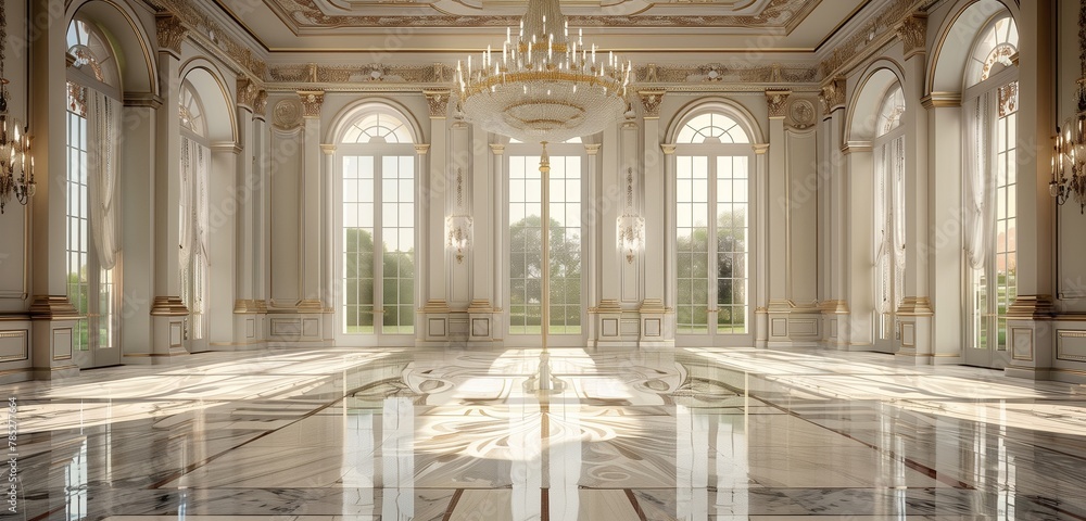 Elegant chandelier dazzles in opulent ballroom with glossy marble flooring.