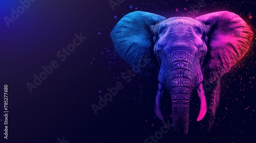  Close-up of an elephant's head against black backdrop, illuminated by blue and pink lights from behind