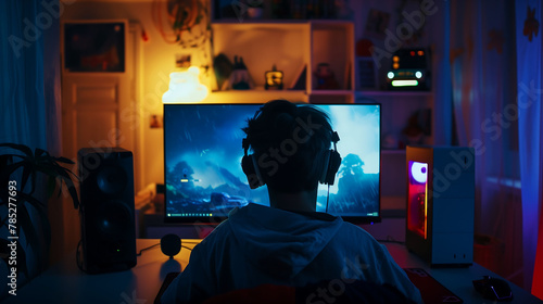 Gamer Immersed in a Competitive Video Game Session