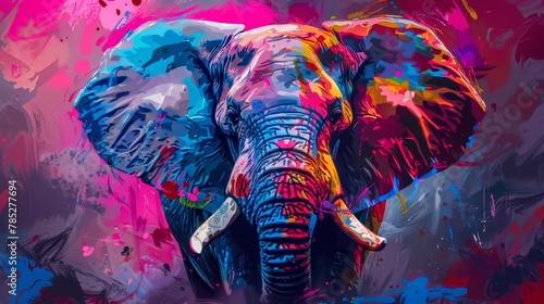   A painting of an elephant with colorful paint splatters on its face and tusks photo