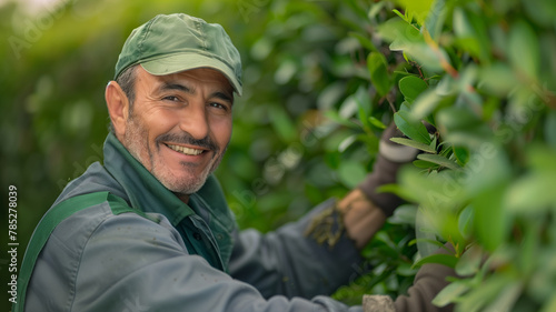 A man gardener is smiling and leaning over a hedge. He is wearing a green hat and a green shirt. gardener smiling middle age likeable man, trimming hedge