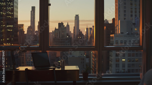 Urban Dusk - City Skyline Viewed Through an Office Window