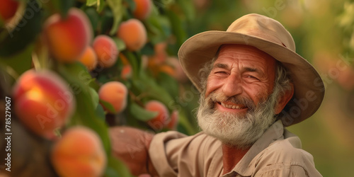 A man wearing a straw hat is smiling while picking peaches. Concept of happiness and contentment as the man enjoys his work in the orchard. old smiling agricultural worker in peachy plantation