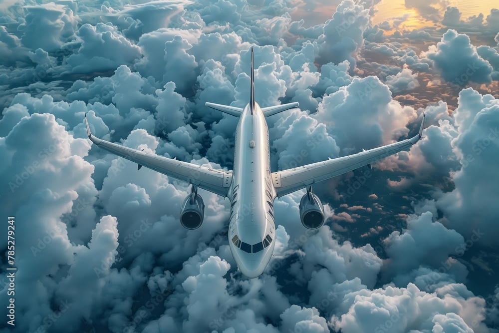 Fototapeta premium Commercial airplane flying above dramatic clouds during sunset.