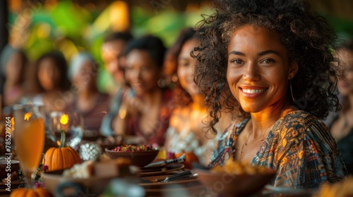  A joyful photograph of a multiethnic family gathering for a celebration or meal, with members of different cultural backgrounds coming together in love and unity photo